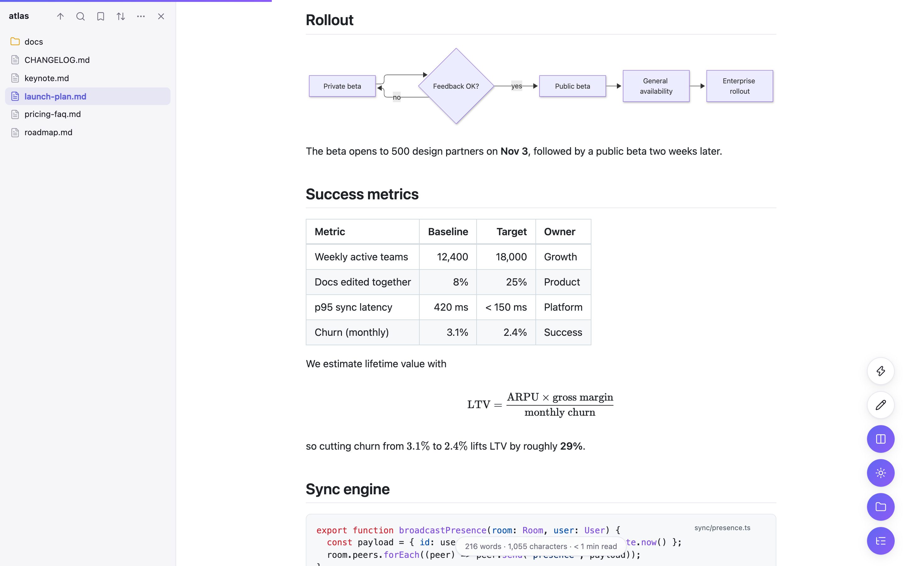 A Mermaid flowchart, a metrics table and a KaTeX formula rendered in MarkCraft